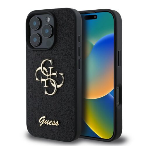 Guess PU Fixed Glitter 4G Metal Logo Zadní Kryt pro iPhone 16 Pro Max Black GUHCP16XHG4SGK