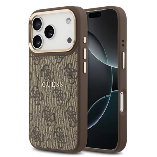 Guess PU Leather 4G Gold Frame MagSafe Zadní Kryt pro iPhone 17 Pro Brown GUHMP17LP4MSEGCW