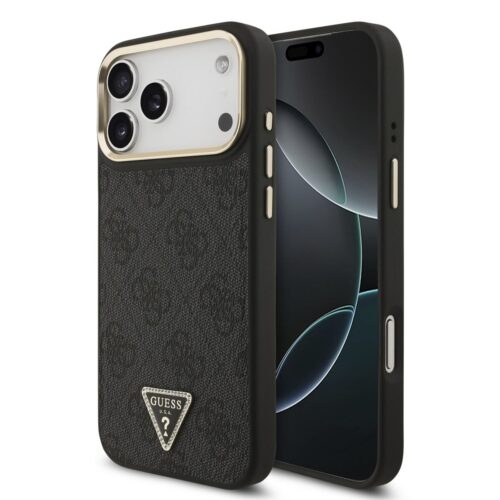 Guess PU Leather 4G Strass Triangle Logo Gold Frame MagSafe Zadní Kryt pro iPhone 17 Pro Max Black GUHMP17XP4GTDGMK