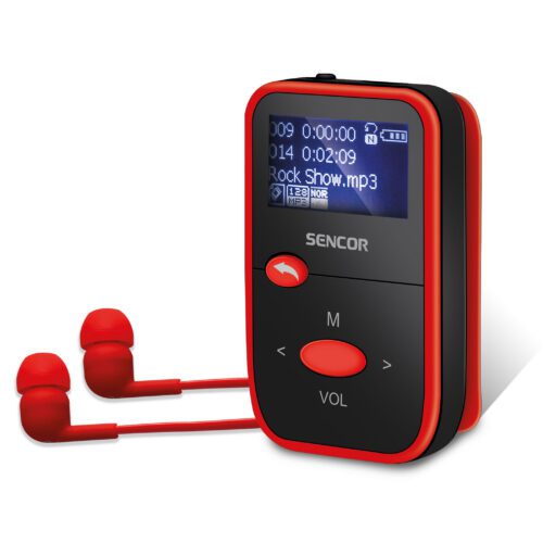 Sencor SFP 4408 RD MP3 přehrávač 8 GB se slotem pro Micro SD 8 GB vnitřní pamět  Slot pro micro SD kartu (max. 128 GB) FM rádio