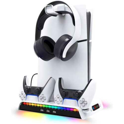 iPega P5S006 Multifunkční Nabíjecí RGB Stojan s Chlazením pro  PS5 Slim White 6974363710859
