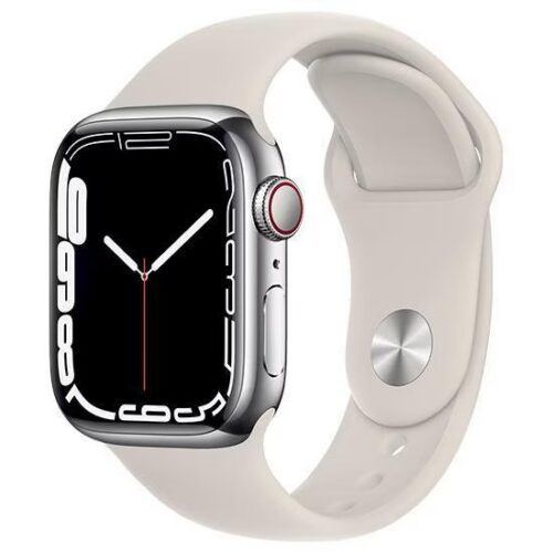 Apple Watch Series 7 41mm Cellular (Stav A-) Stříbrná nerezová ocel s bílým sportovním řemínkem - Obrázek 2