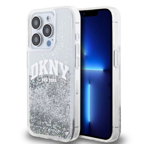DKNY Liquid Glitter Arch Logo Zadní Kryt pro iPhone 14 Pro Transparent DKHCP14LLBNAET