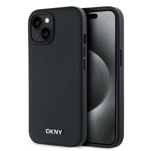 DKNY PU Leather Silver Metal Logo Magsafe Zadní Kryt pro iPhone 13 Black DKHMP13MPGHLMK