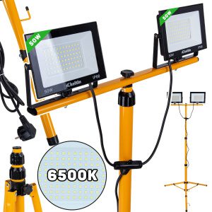 GEKO 2x50W LED světlomet s teleskopickým konstrukčním stojanem a kabelem - studená bílá barva 6500K K02053