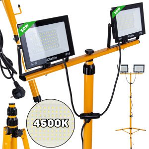 GEKO 2x50W LED světlomet s teleskopickým stojanem a kabelem - neutrální bílá barva 4500K K02054