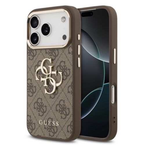 Guess PU Leather 4G Metal Logo Gold Frame Zadní Kryt pro iPhone 17 Pro Max Brown GUHCP17X4GMGCBR