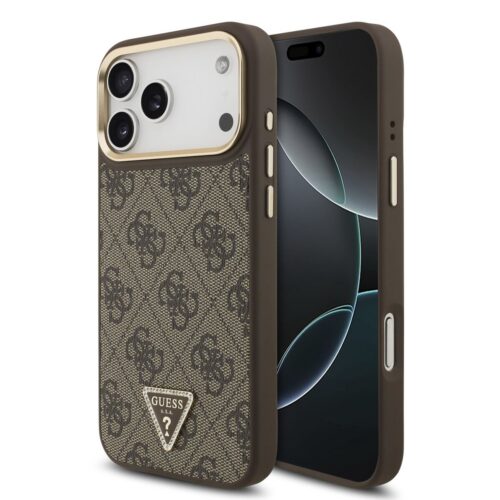 Guess PU Leather 4G Strass Triangle Logo Gold Frame MagSafe Zadní Kryt pro iPhone 17 Pro Max Brown GUHMP17XP4GTDGMW