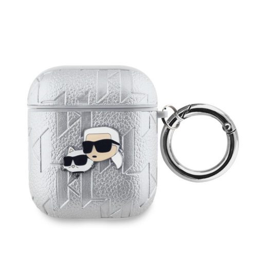 Karl Lagerfeld PU Embossed Karl and Choupette Heads Pouzdro pro AirPods 1/2 Silver KLA2PGKCPS