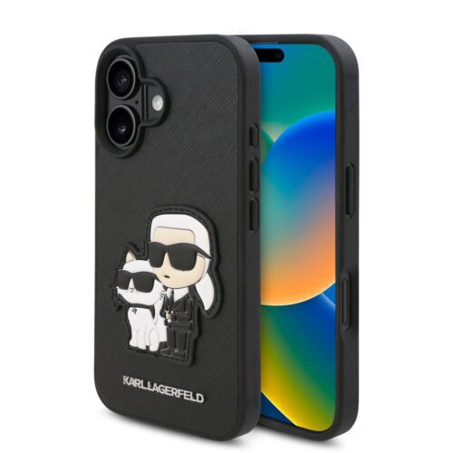 Karl Lagerfeld PU Saffiano Karl and Choupette Zadní Kryt pro iPhone 16 Plus Black KLHCP16MSANKCPK