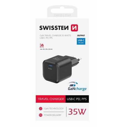 SWISSTEN SÍŤOVÝ ADAPTÉR GaN 1x USB-C 35W POWER DELIVERY ČERNÝ 22070210