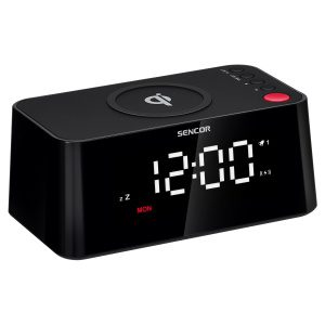 Sencor SDC 7600 Qi Digitální budík s rychlou bezdrátovou nabíječkou Bezdrátová rychlonabíječka Qi 5W~10W USB nabíječka: 5 V / 2 A (USB-A) Velký