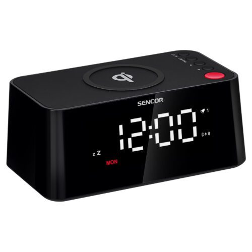 Sencor SDC 7600 Qi Digitální budík s rychlou bezdrátovou nabíječkou Bezdrátová rychlonabíječka Qi 5W~10W USB nabíječka: 5 V / 2 A (USB-A) Velký