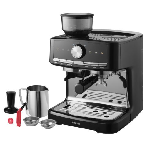 Sencor SES 6020BK Pákový Espresso kávovar s vestavěným mlýnkem Kónický kovový mlýnek s 30 nastaveními od jemné po hrubou mletí