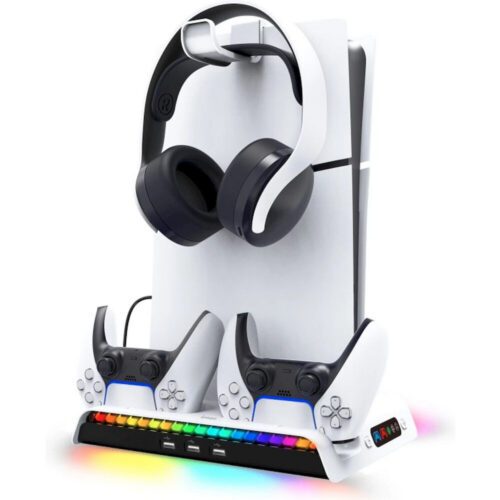 iPega P5S006 Multifunkční Nabíjecí RGB Stojan s Chlazením pro PS5 Slim White 6974363710859