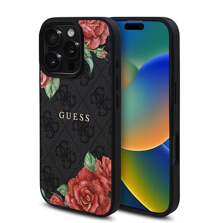Guess PU Leather 4G Roses MagSafe Zadní Kryt pro iPhone 16 Pro Black GUHMP16LP4ROPEMCK