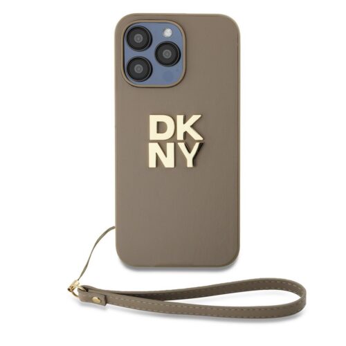 DKNY PU Leather Stack Logo Wrist Strap Zadní Kryt pro iPhone 14 Pro Max Beige DKHCP14XPBSWSE