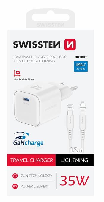 SWISSTEN SÍŤOVÝ ADAPTÉR GaN 1x USB-C 35W POWER DELIVERY BÍLÝ + DATOVÝ KABEL USB-C/LIGHTNING 1