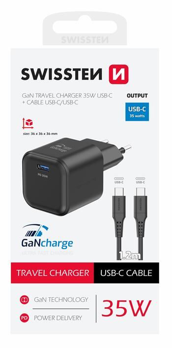 SWISSTEN SÍŤOVÝ ADAPTÉR GaN 1x USB-C 35W POWER DELIVERY ČERNÝ + DATOVÝ KABEL USB-C/USB-C 1