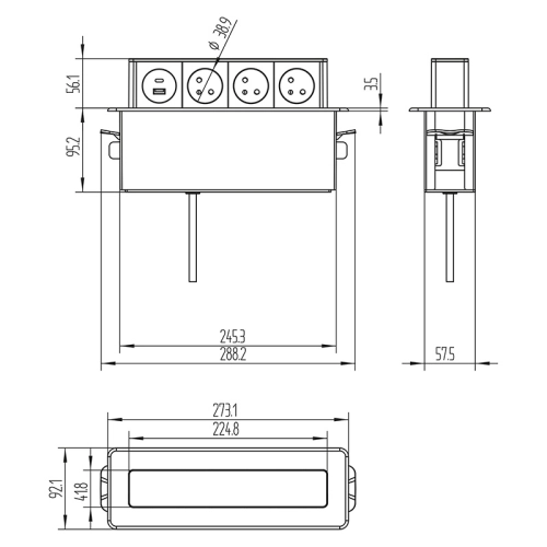 3z + USB A+C 20W PD výsuvný blok zásuvek 2m nerez ocel Solight PP126C-PD20 - Obrázek 2