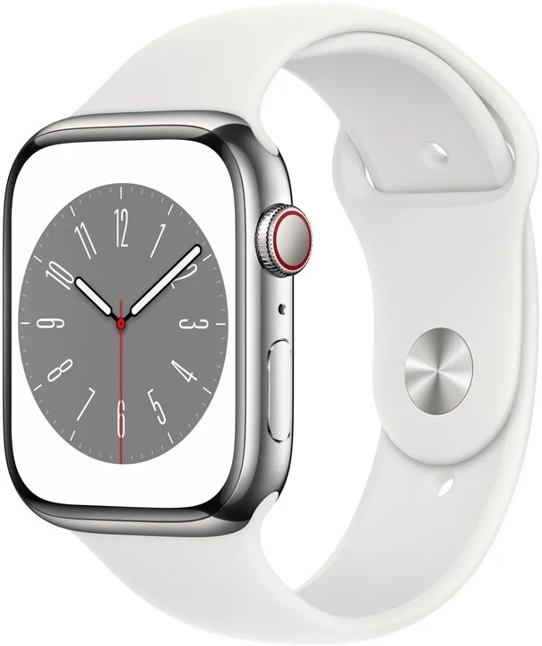 Apple Watch Series 8 41mm Cellular (Stav A-) Stříbrná nerezová ocel s bílým sportovním řemínkem - Obrázek 2