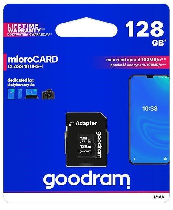 GOODRAM Memory MicroSD Card - 128GB with adapter UHS I CLASS 10 100MB/s