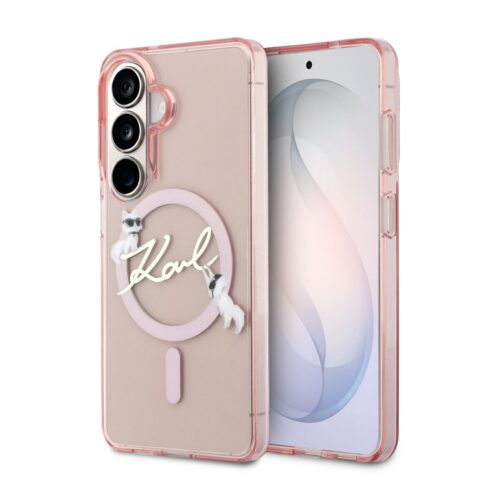 Karl Lagerfeld IML Choupette Karl Script Logo Magnetic Zadní Kryt pro Samsung Galaxy S26 Pink KLHMS26S5HKSCAP