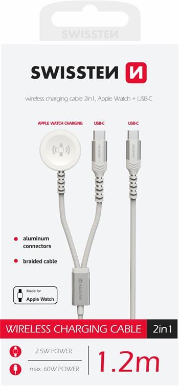 SWISSTEN OPLETENÝ MAGNETICKÝ KABEL 2v1 PRO APPLE WATCH A USB-C